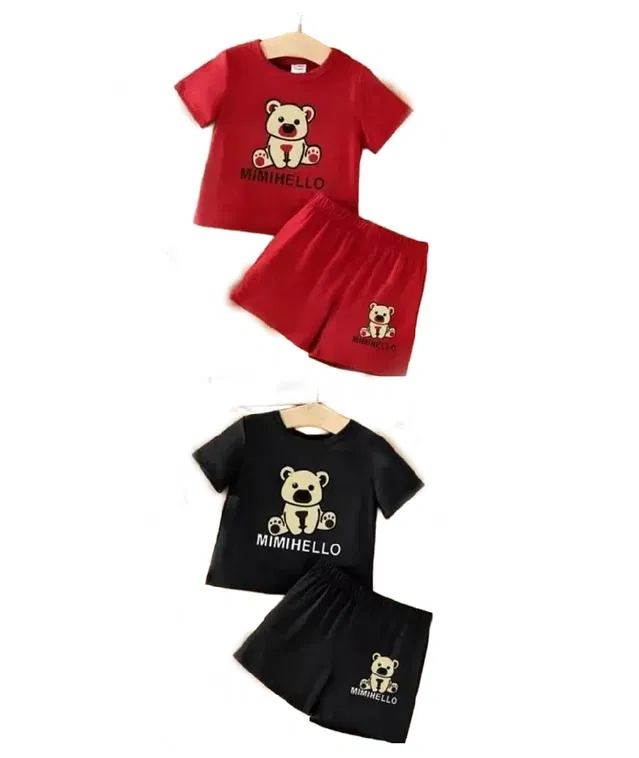 Hosiery Cotton Half Sleeves T-Shirt with Pant Clothing Set for Kids (Maroon & Black, 9-12 Months) (Set of 2)