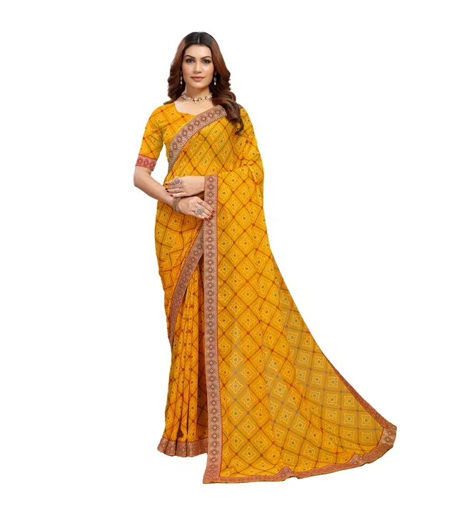 Georgette Printed Saree for Women (Yellow, 6.3 m)