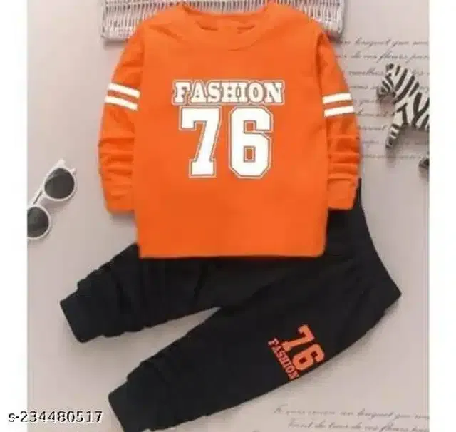 Hosiery Cotton Full Sleeves T-Shirt with Pant Clothing Set for Kids (Orange & Black, 6-12 Months)