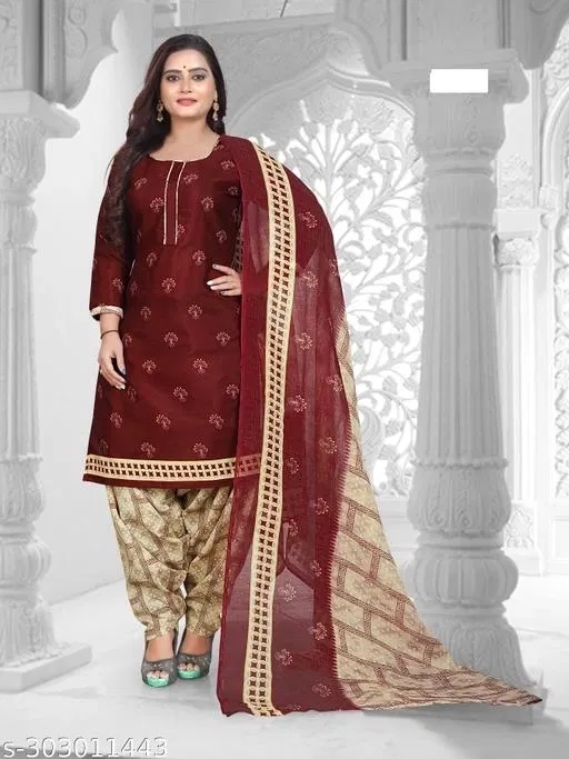 Cotton Printed Salwar Suit for Women (Maroon, XXL)