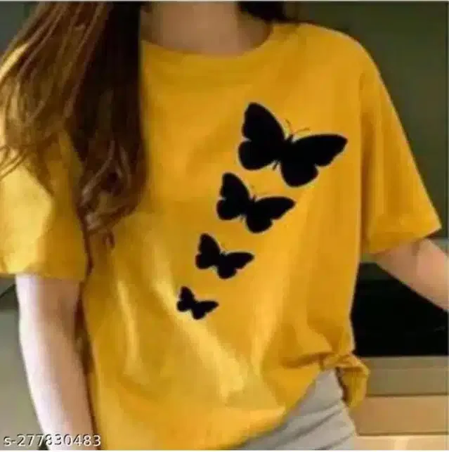 Cotton Blend Printed T-shirt for Women (Mustard, L)