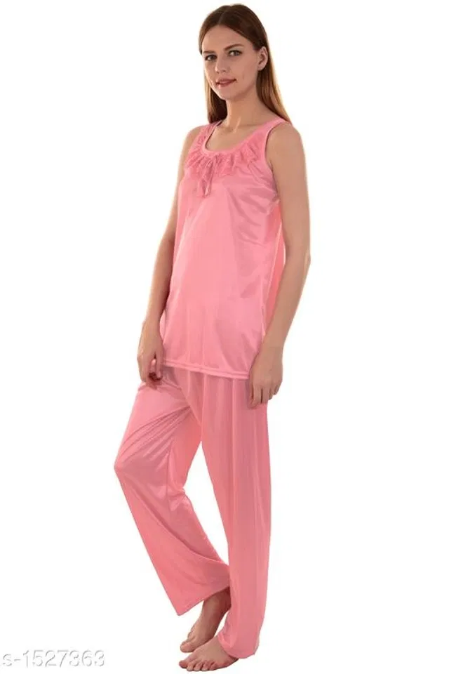 Satin Nightsuit Set for Women (Pink, Free Size)