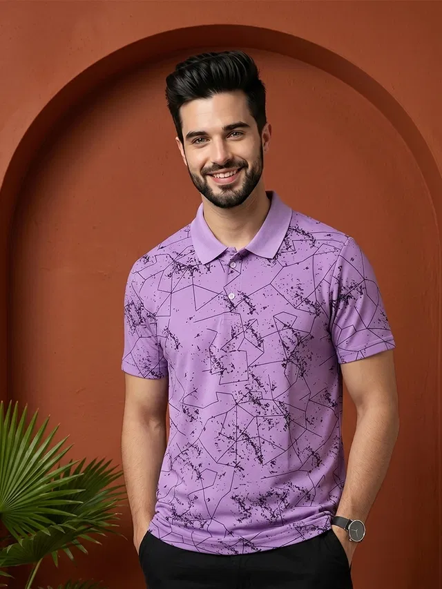 Printed Polo T-shirt for Men (Lavender, L)