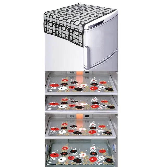 PVC Printed Refrigerator Top Cover & Mats (Multicolor, Set of 5)