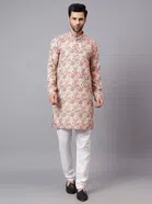 Crochet Printed Kurta with Pyjama for Men (Beige & White, S)