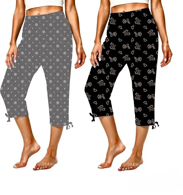 Cotton Printed Capri for Women (Grey & Black, XL) (Pack of 2)