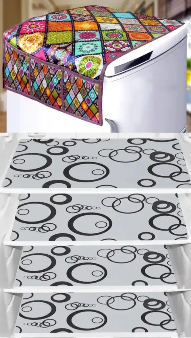 Knit Printed Fridge 4 Pcs Mat with Top Cover (Multicolor, Set of 1)