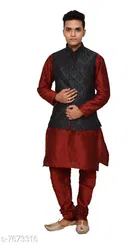 Dupion Silk Solid Kurta with Pyjama & Jacket for Men 