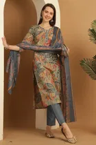 Cotton Blend Printed Kurti with Bottom & Dupatta Set for Women 