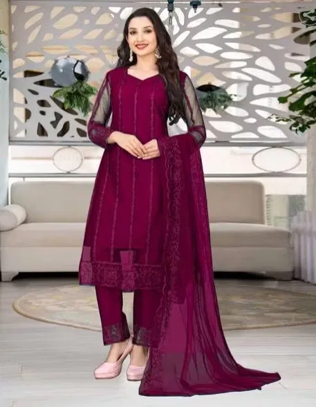 Net Solid Kurta Set with Dupatta for Women (Pink, L)