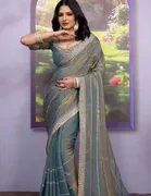 Bollywood Grey Satin Embroidered Saree for Women