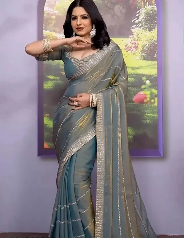 Bollywood Grey Satin Embroidered Saree for Women