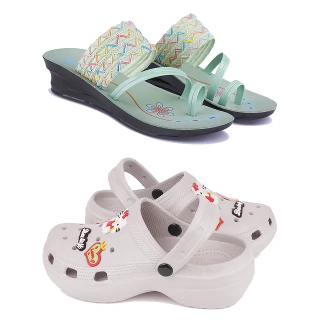 Combo of Sandals & Clogs for Women (Mint Green & Grey, 8) (Pack of 2)