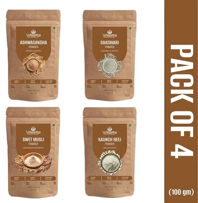 Vedaartha Ashwagandha, Swet Musli, Kaunch Seed, Shatavari Powder, Pack of 4 (100 g)