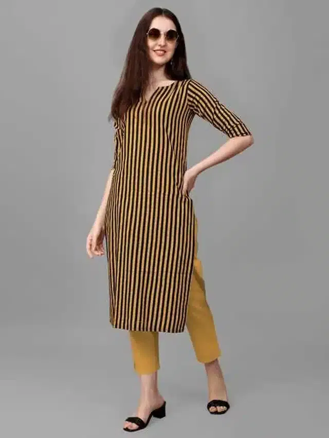 Women Cotton Blend Striped Kurta (Yellow, XL) (SD-678)