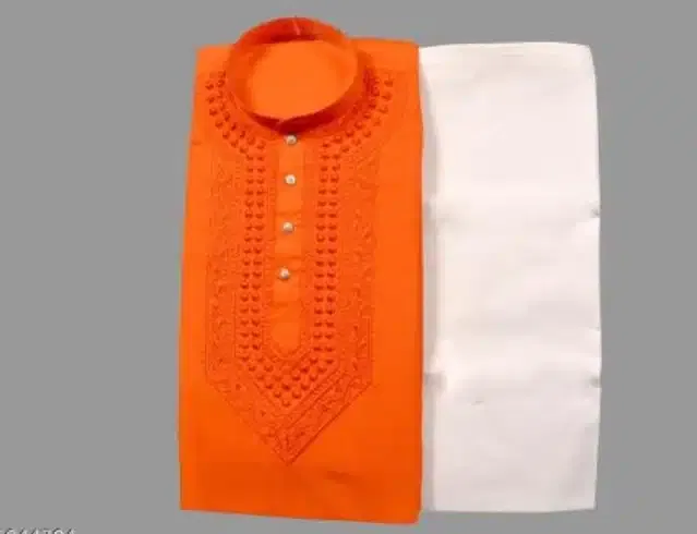 Cotton Embroidered Kurta with Pajama for Men (Orange & White, XXL)