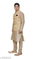 Dupion Silk Solid Kurta with Pyjama & Jacket for Men 