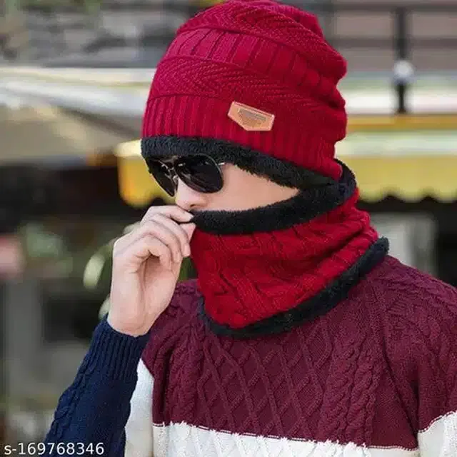 Woolen Beanie Cap with Neck Scarf for Men & Women (Black & Red, Set of 1)