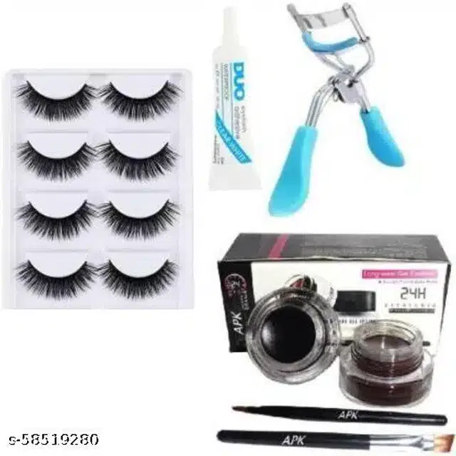 False Eyelashes (4 Set) with Glue & Eyelash Curler & 2 Pcs Gel Eyeliner with 2 Pcs Brushes (Multicolor, Set of 5)