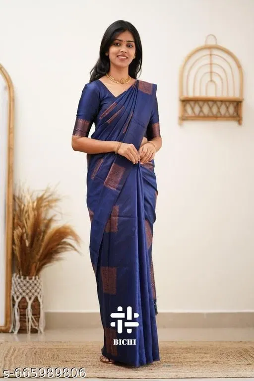 Woven Design Banarasi Silk Saree for Women (Blue, Free Size)