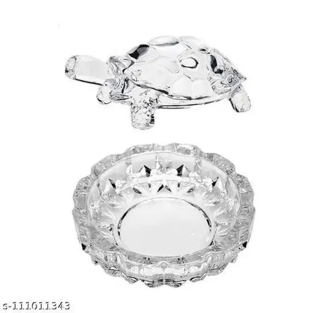 Crystal Turtle with Plate Showpieces (Transparent, Set of 2)