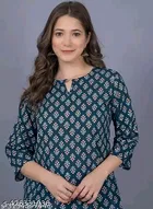 Cotton Printed Short Kurti for Women, Teal 