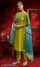 Cotton Blend Embroidered Kurta with Pant & Dupatta for Women 