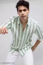 Cotton Blend Striped Shirt for Men, White & Green 