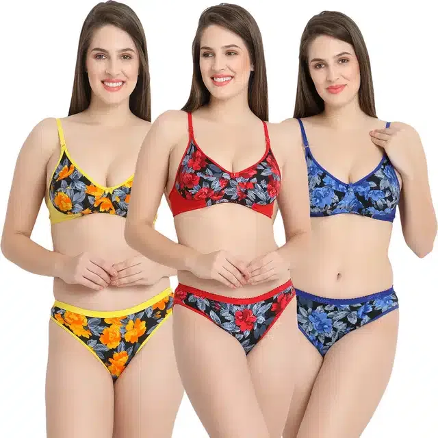Cotton Blend Lingerie Set for Women (Multicolor, 32) (Set of 3)