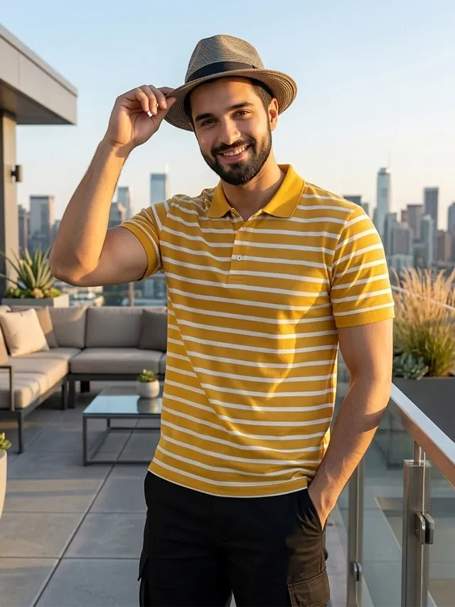 Striped Polo T-shirt for Men (Mustard, XL)