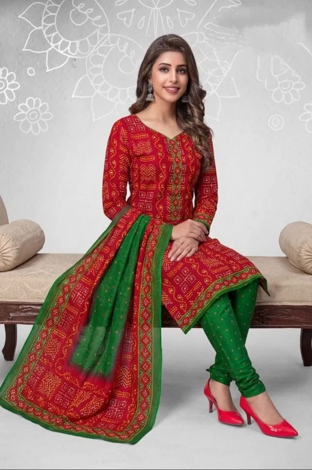 Floral Crepe Punjabi Suit Material for Women (Green, Green)