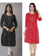 Rayon Printed Kurti for Women (Black & Red, S) (Pack of 2)
