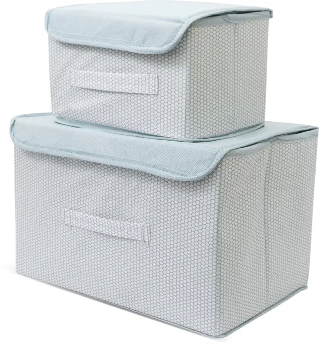 Storage Basket, Box, Bins & Non-Woven Wardrobe Closet Organizer Foldable Drawer Rectangular Stackable Box/Bins with Lid & Handle, Grey,Set of 2
