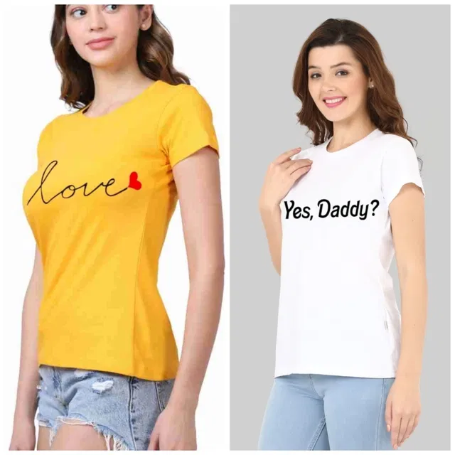 Round Neck Printed T-Shirt for Women & Girls (Yellow & White, M) (Pack of 2)