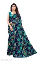 Georgette Printed Saree for Women, Black & Green 
