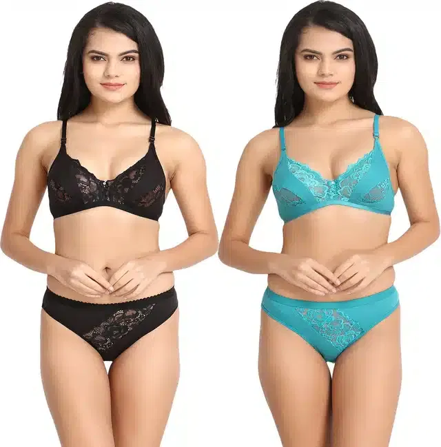 Hosiery Lingerie Set for Women (Light Blue & Black, 30) (Set of 2)