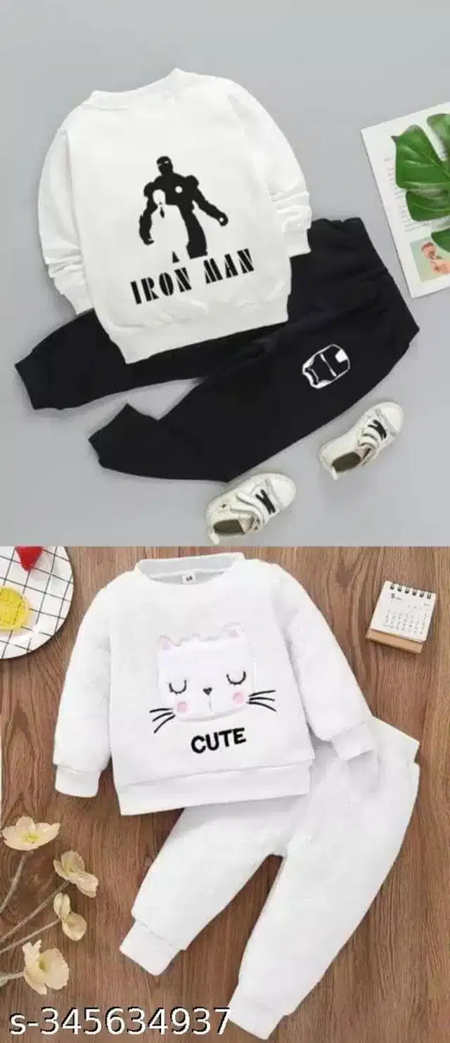 Hosiery Cotton Full Sleeves T-Shirt with Pant Clothing Set for Kids (White & Black, 6-12 Months) (Set of 2)