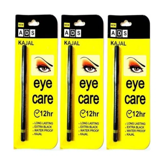 Ads Waterproof Long-Lasting Kajal (Black, Pack of 3)