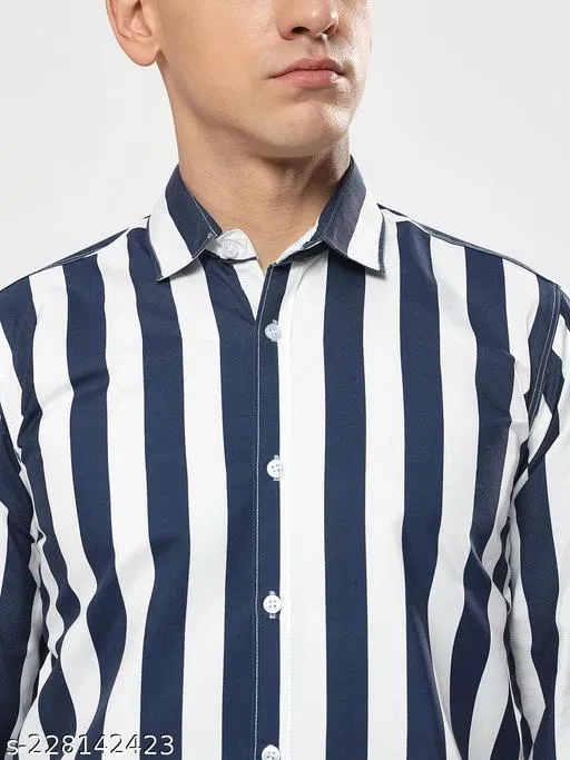 Cotton Striped Shirts for Men, Navy Blue (XXL)