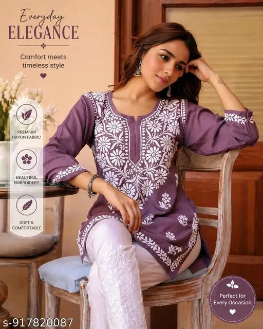 Chikankari Embroidered Short Kurti for Daily/Office Wear for Women (Purple, S)