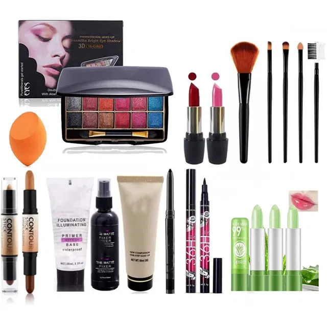 Combo of Fixer, Concealer, Makeup Brushes, Concealer, Eye Shadow Palette, Kajal, 2 Pcs Lipsticks & Mascara for Women (Multicolor, Set of 16)