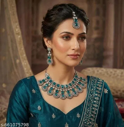 Mehandi Finish Neckalce Set for Women (Blue, Free Size)