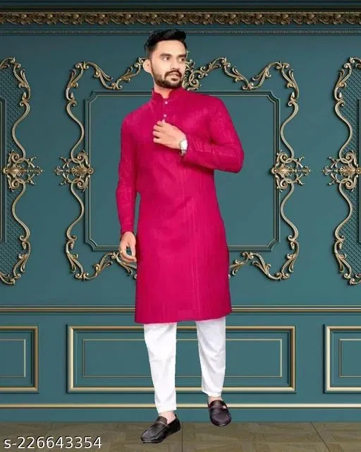 Mandarin Neck Kurta for Men (Red, L)