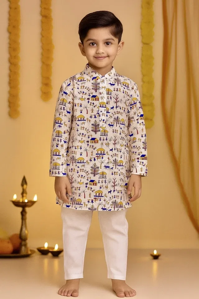 Cotton Printed Kurta with Payjama for Boys, Beige & White (2-3 Years)