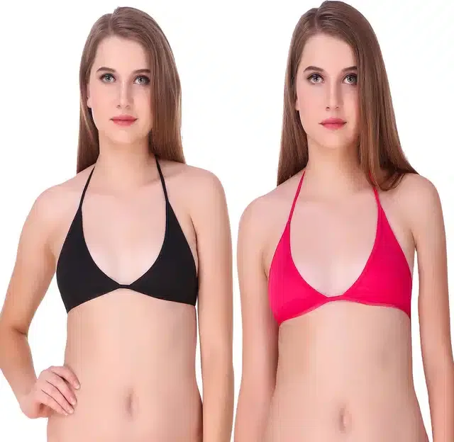 Cotton Blend Non Padded Bra for Women (Black & Pink, 30) (Pack of 2)