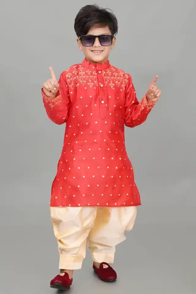 Dupion Silk Embroidered Kurta with Patiyala Set for Boys (Red & Gold, 3-4 Years)