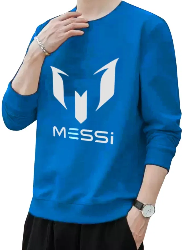 Cotton Blend Round Neck T-Shirt for Men (Blue, L)