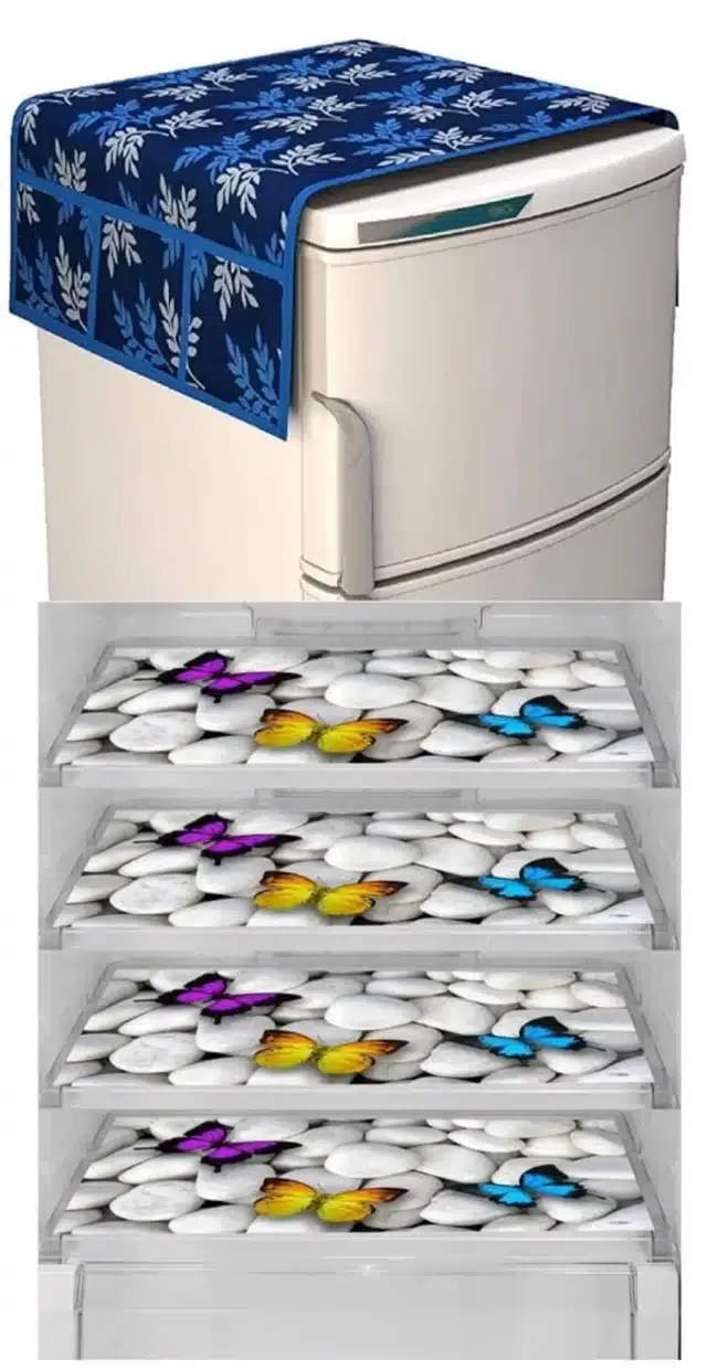 Knit Printed Fridge 4 Pcs Mat with Top Cover (Blue, Set of 1)