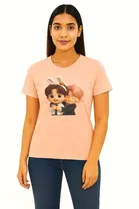 Cotton Blend Printed T-shirt for Women, Peach 
