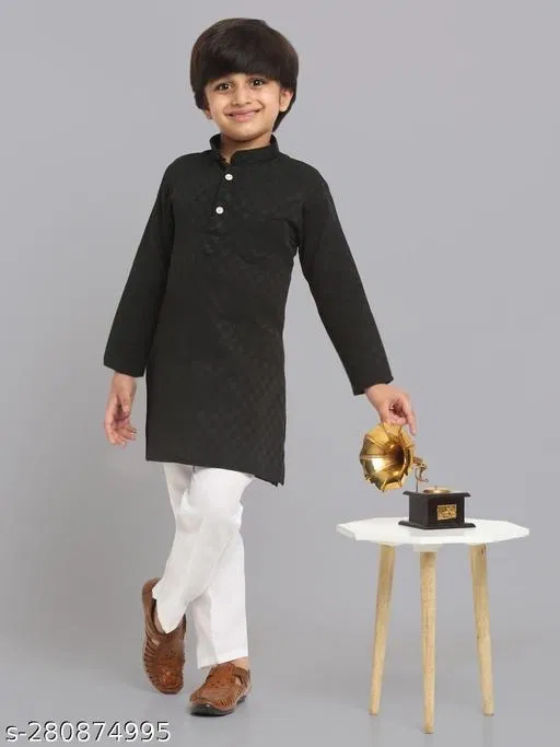 Cotton Blend Kurta with Pyjama for Boys (Black & White, 2-3 Years)